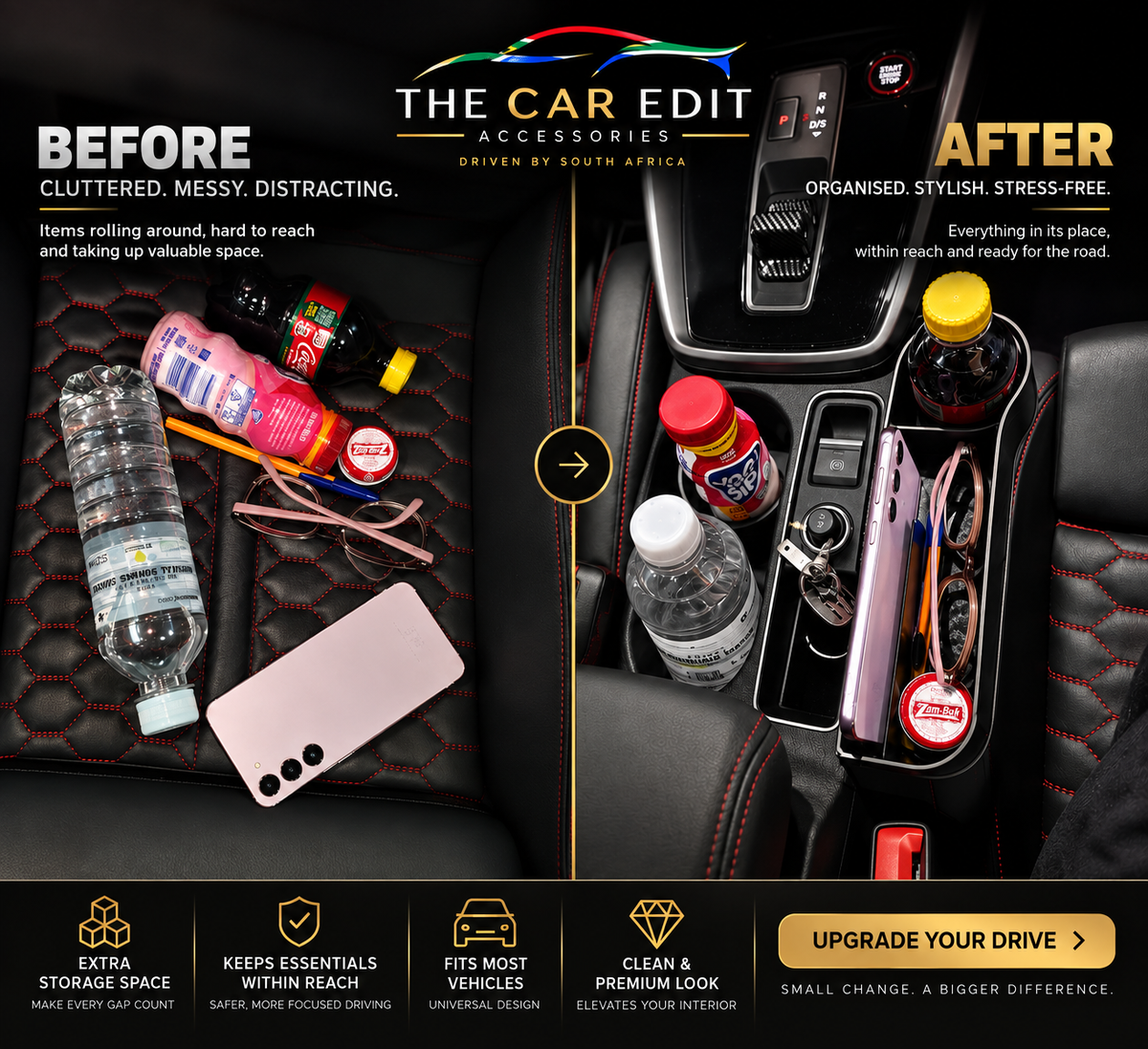 Before and after: a messy car seat covered in bottles, a phone, glasses and pens, then the same items neatly stored in The Gap Keeper seat gap organiser with phone holder and cup holder