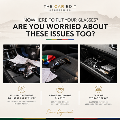 Nowhere to put your glasses? Sunglasses left on the seat, in the cupholder and in a cluttered glovebox — inconvenient, prone to damage, and taking up storage space.