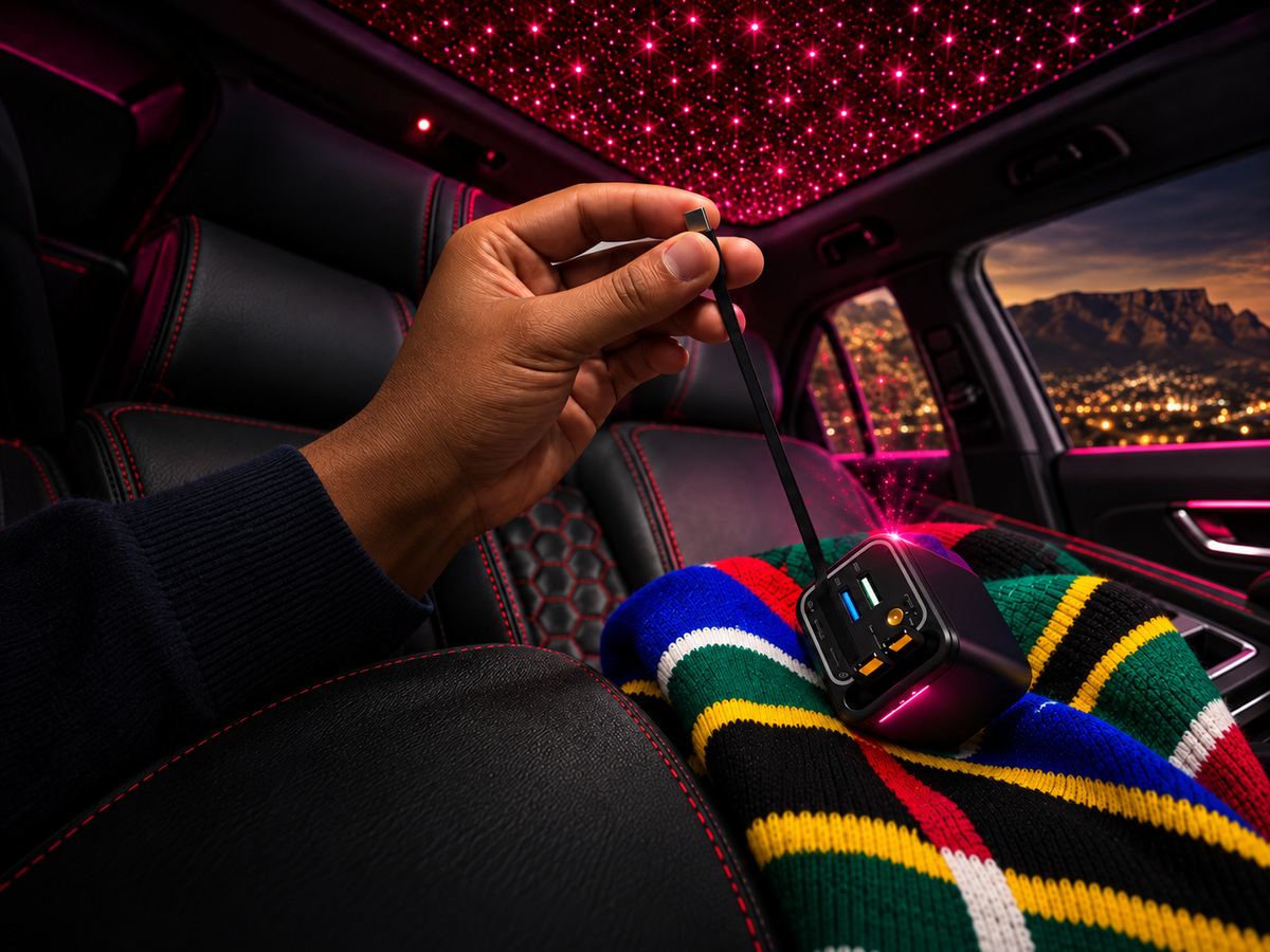 Hand pulling a retractable cable from the Starlight Charge Hub, with a starlight roof glowing overhead and Table Mountain outside the car window