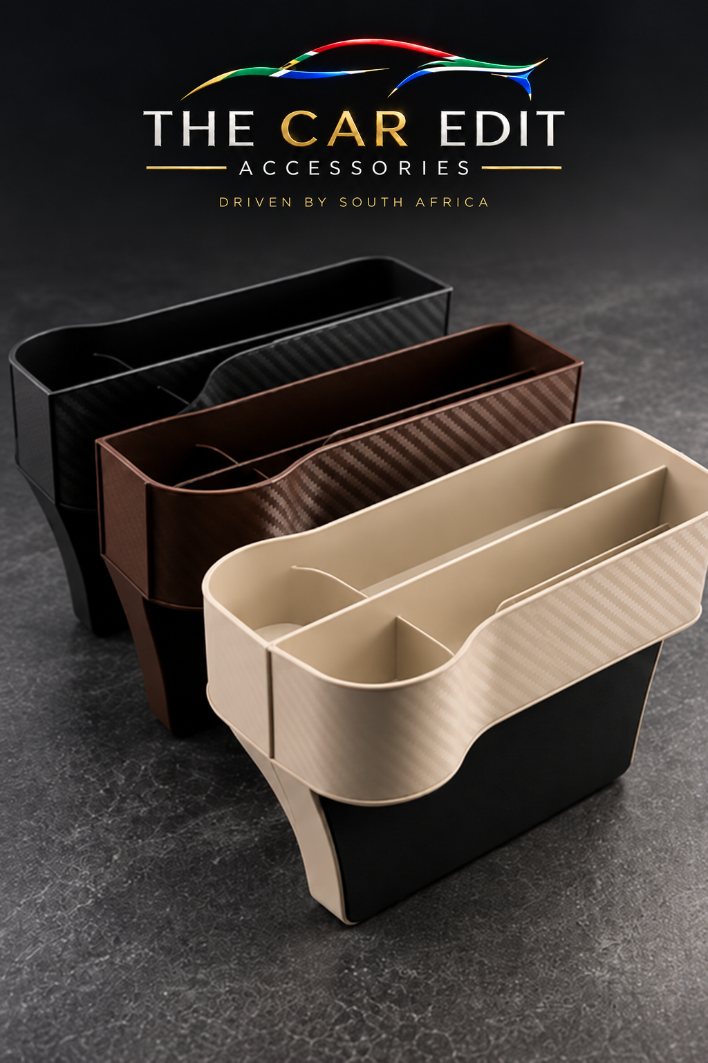 The Car Edit Gap Keeper seat gap organiser in black, brown and beige