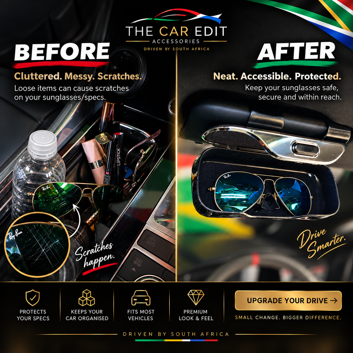 Before and after: sunglasses getting scratched among clutter in the centre console, then protected inside The Carbon Case on the sun visor
