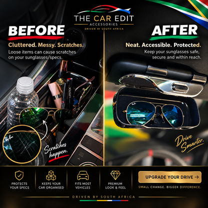 Before and after: sunglasses getting scratched among clutter in the centre console, then protected inside The Carbon Case on the sun visor