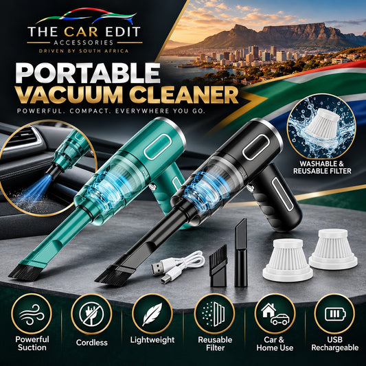The Detail Vac cordless portable vacuum cleaner in green and black with brush, crevice nozzle, USB cable and washable filters