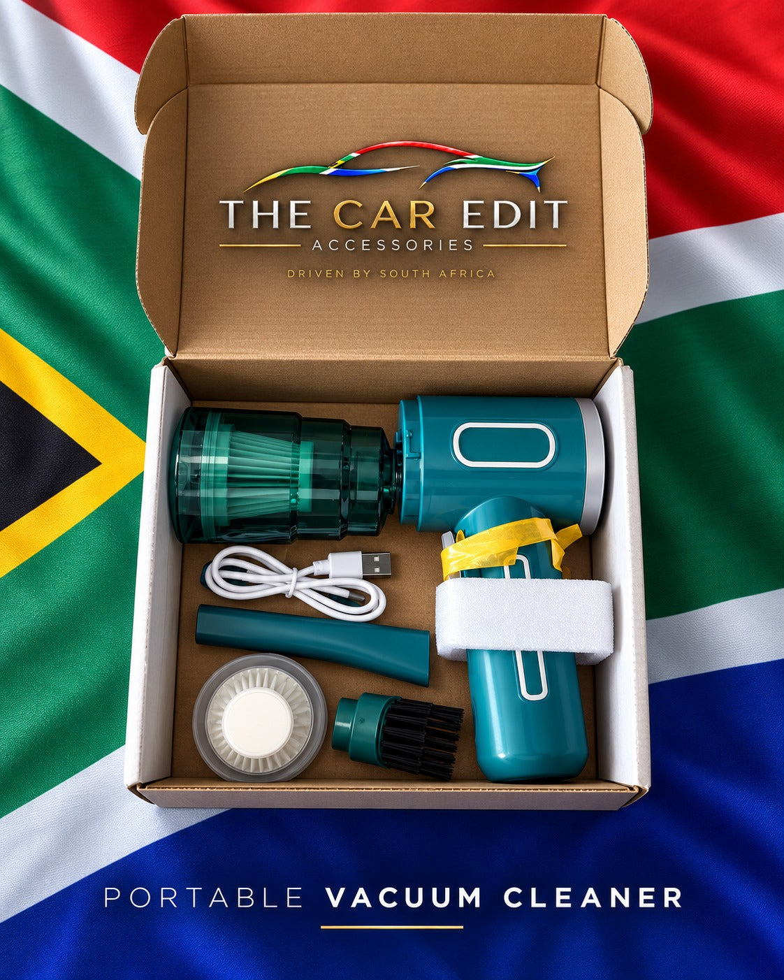 The Detail Vac in its box with USB cable, crevice nozzle, brush head and spare filter