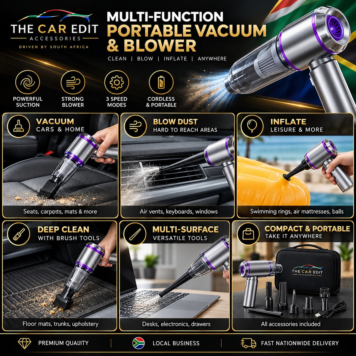The Detail Vac Pro vacuums, blows dust and inflates for car, home and leisure