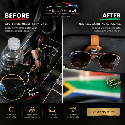 Before and after: sunglasses, lipstick and a water bottle cluttering the centre console, then sunglasses held neatly on the sun visor by the tan leather Visor Clip