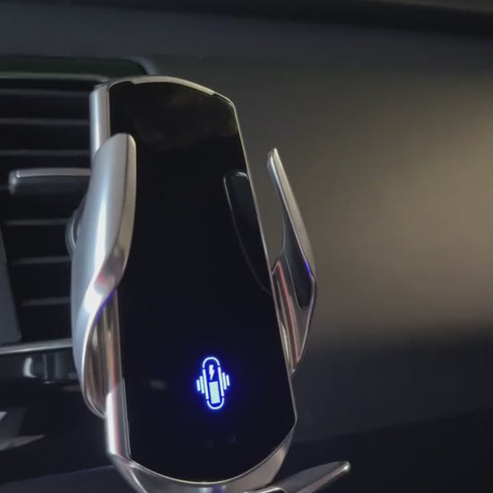 Video of the GripBot auto-clamp wireless charging mount on a car air vent