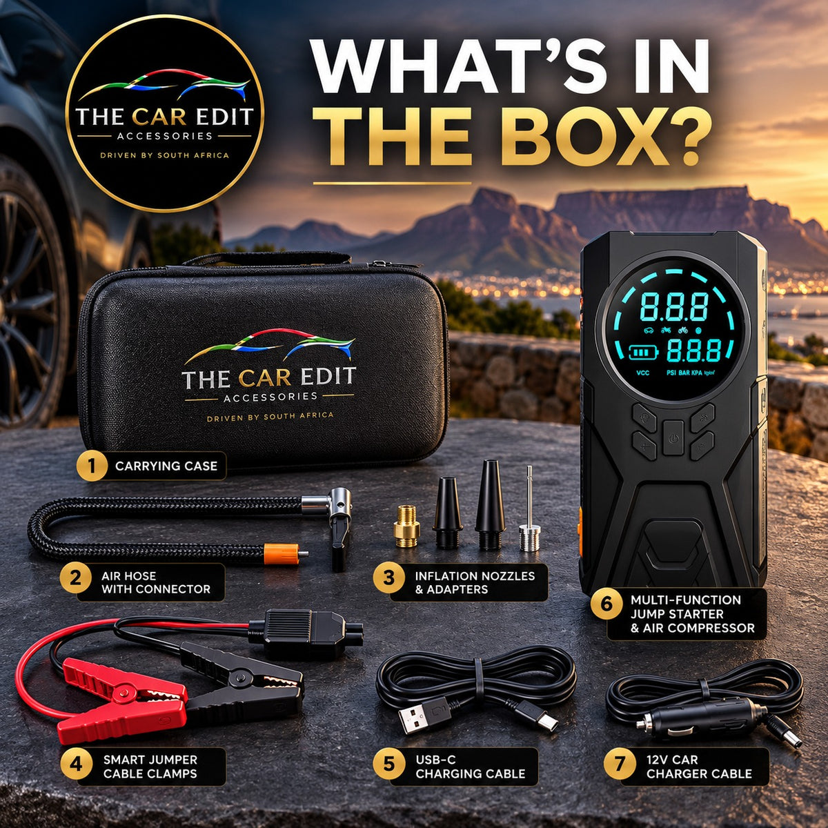 What's in the box: carry case, air hose, nozzles, jumper clamps, USB-C cable, jump starter and 12V car charger cable