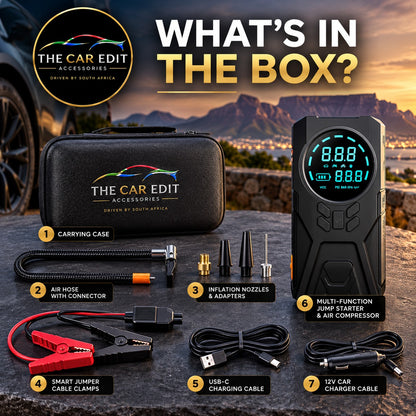 What's in the box: carry case, air hose, nozzles, jumper clamps, USB-C cable, jump starter and 12V car charger cable