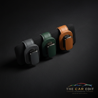 The Car Edit Visor Clip sunglasses holder in grey, black, green and tan leather