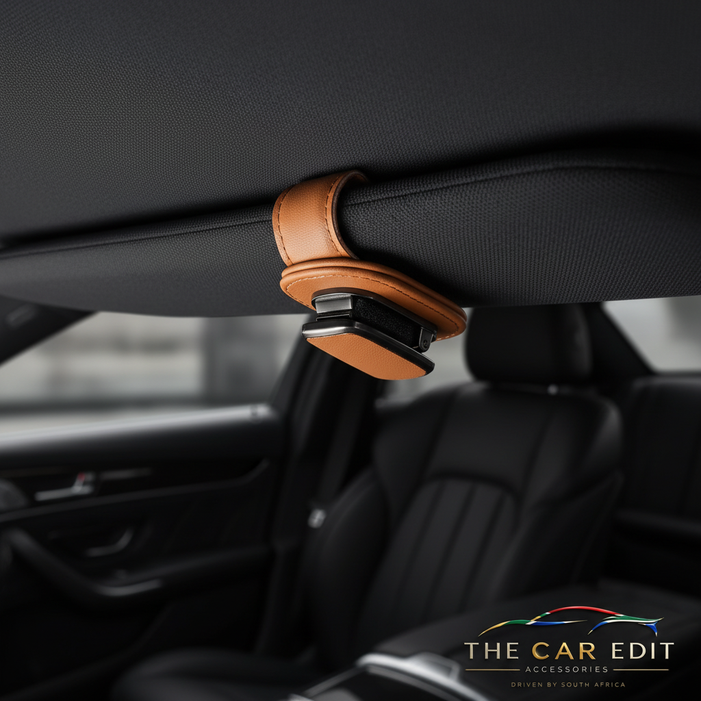Tan leather Visor Clip fitted to the sun visor of a car interior