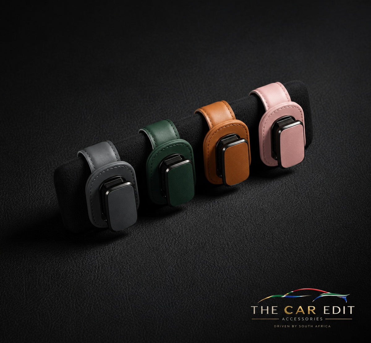 The Visor Clip in Grey, Green, Tan and Pink leather