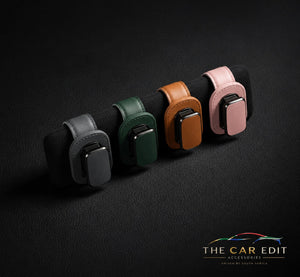 The Visor Clip in Grey, Green, Tan and Pink leather